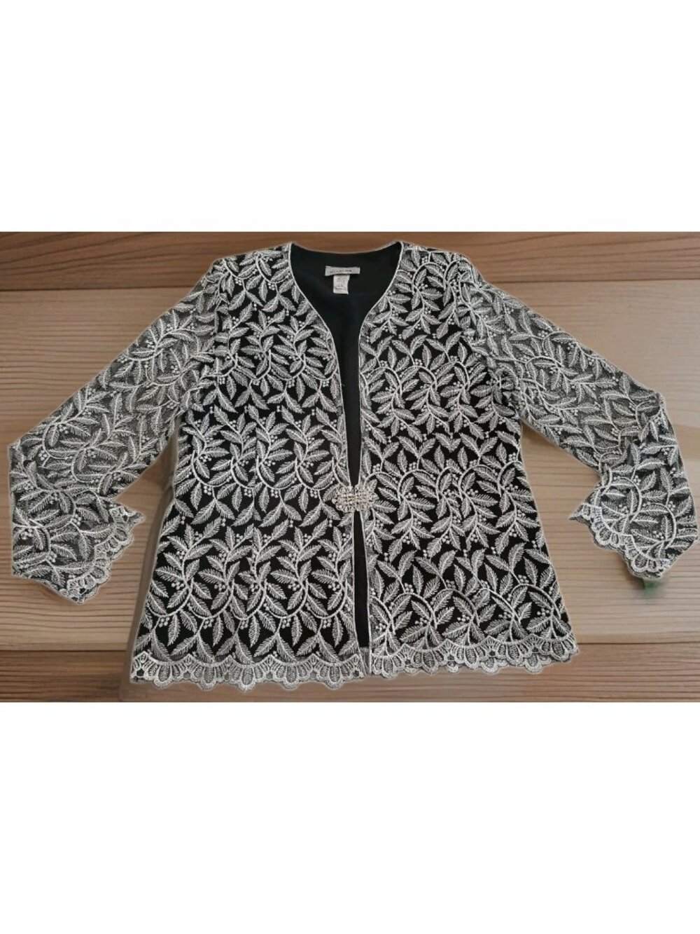 Vintage Ninalee Metallic Silver Floral Lace Dress Formal Cardigan Jacket Size XL